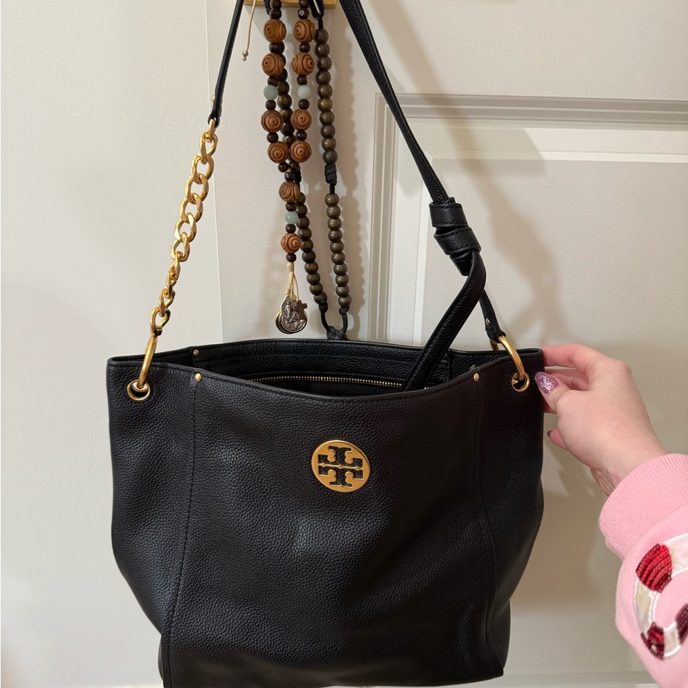 Tory Burch Black Leather Shoulder Bag with Gold Accents
